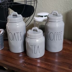 Rae Dunn Gray canisters OATS COFFEE TEA
